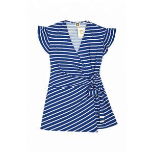 Anne Klein Women‎ Blue White Striped Faux Wrap Blouse Flutter Sleeve Tie Size L
